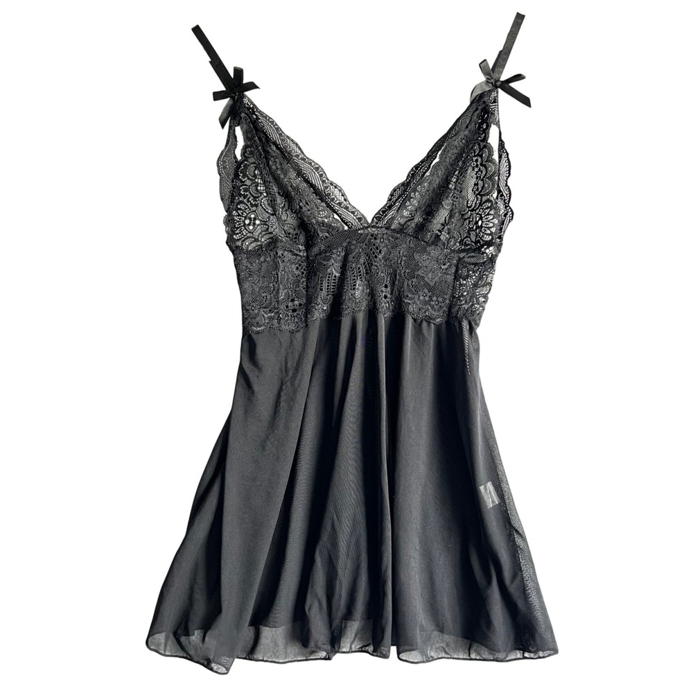 Black Lace Mesh Babydoll Chemise Lingerie V-Neck Bow Straps Small